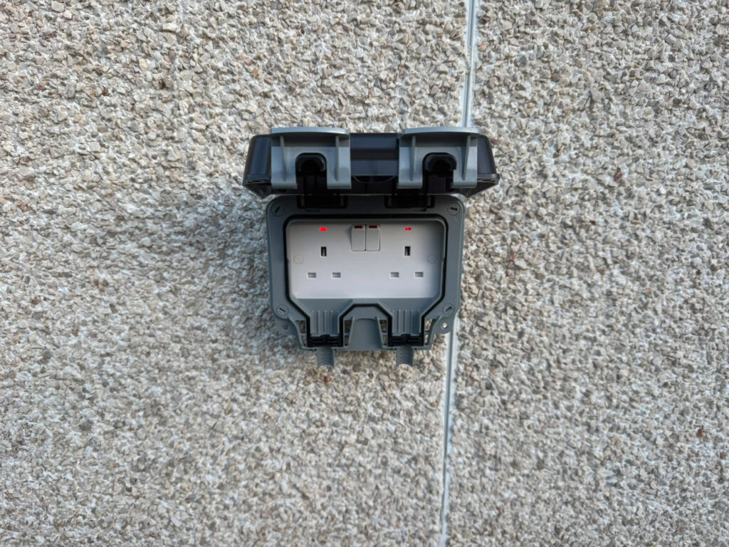 Outdoor power socket installation for garden and patio area in West Lothian